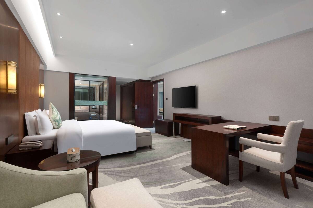 A hotel room with a bed, a desk, a chair, a TV, and a carpeted floor.