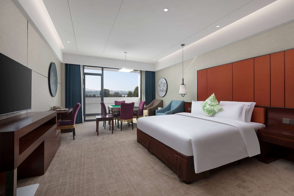 A hotel room with a large bed, a desk, a chair, a television, and a view of the outdoors.