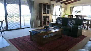 TV, fireplace, DVD player, books