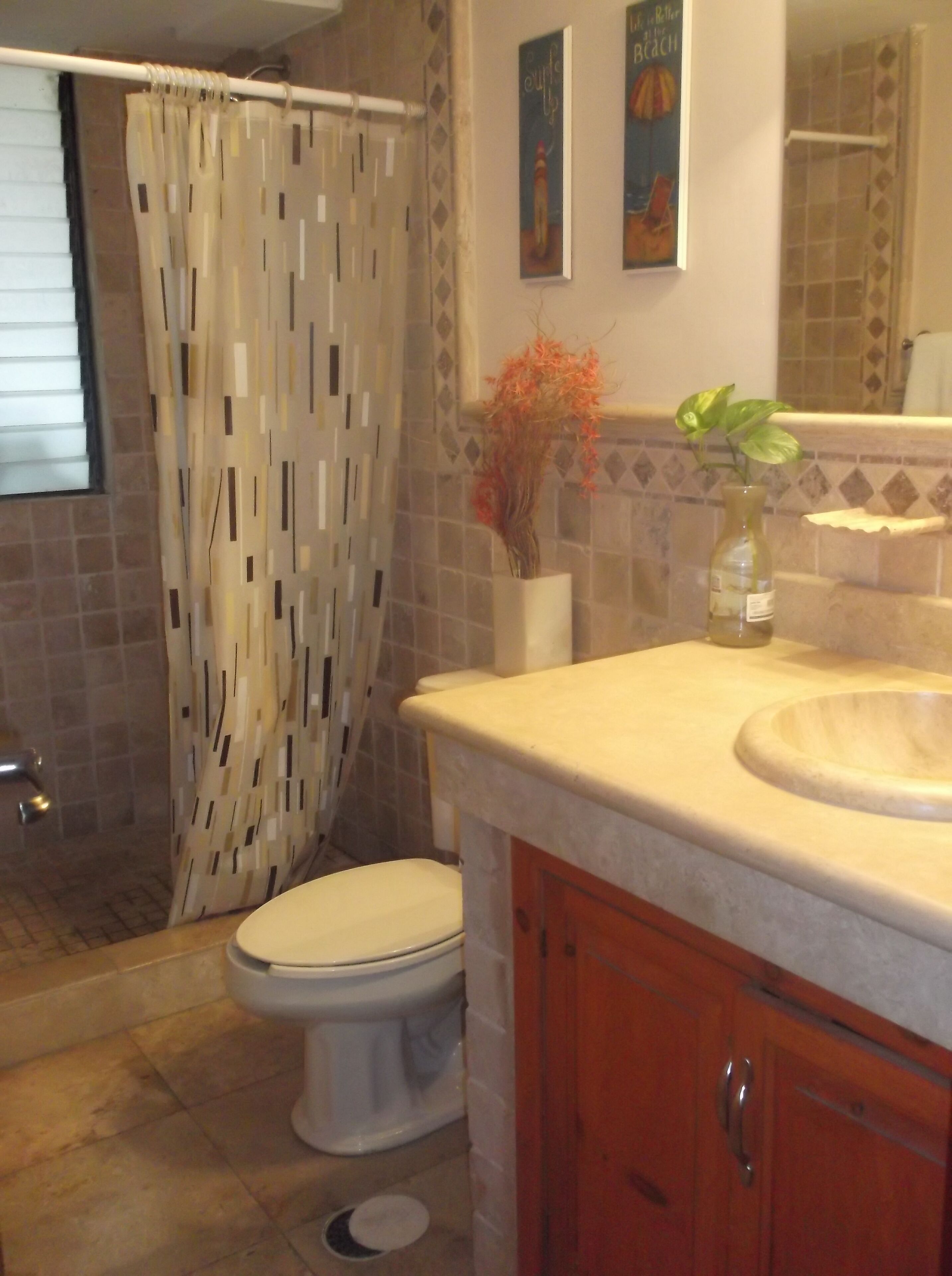 Une salle de bain équipée d’un rideau de douche, de toilettes, d’un lavabo et d’un meuble de rangement.