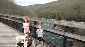 A wooden bridge with a metal railing, overlooking a river and forested hills. - In the ❤ of Ohiopyle. Central location, clean, charming. Large yard with firepit (Ohiopyle)