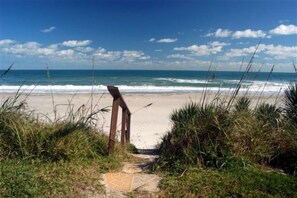 On the beach, sun loungers