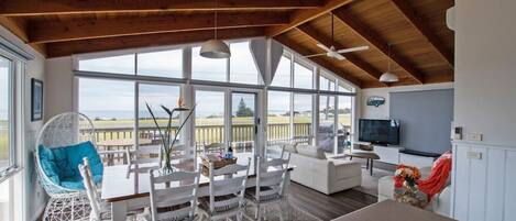 Smart TV, fireplace, DVD player, books