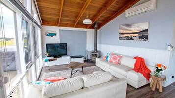 Älytelevisio, takka, DVD-soitin, kirjoja