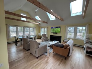 Smart TV, fireplace, table tennis, books