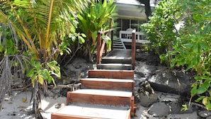 A wooden staircase leading to a white chair, surrounded by tropical plants and rocks.