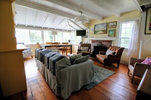 Smart TV, fireplace, books