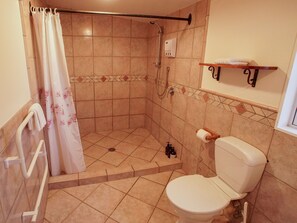 Douche, séchoir à cheveux, serviettes fournies, savon