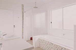 Shower, eco-friendly toiletries, hair dryer, towels