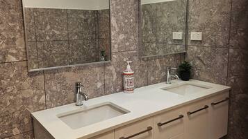 A bathroom with two sinks, a mirror, a faucet, a soap dispenser, and a hanging light fixture.