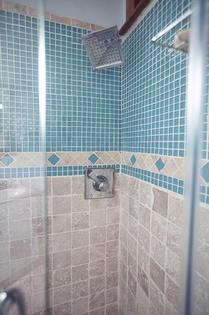Douche, séchoir à cheveux, serviettes fournies, savon