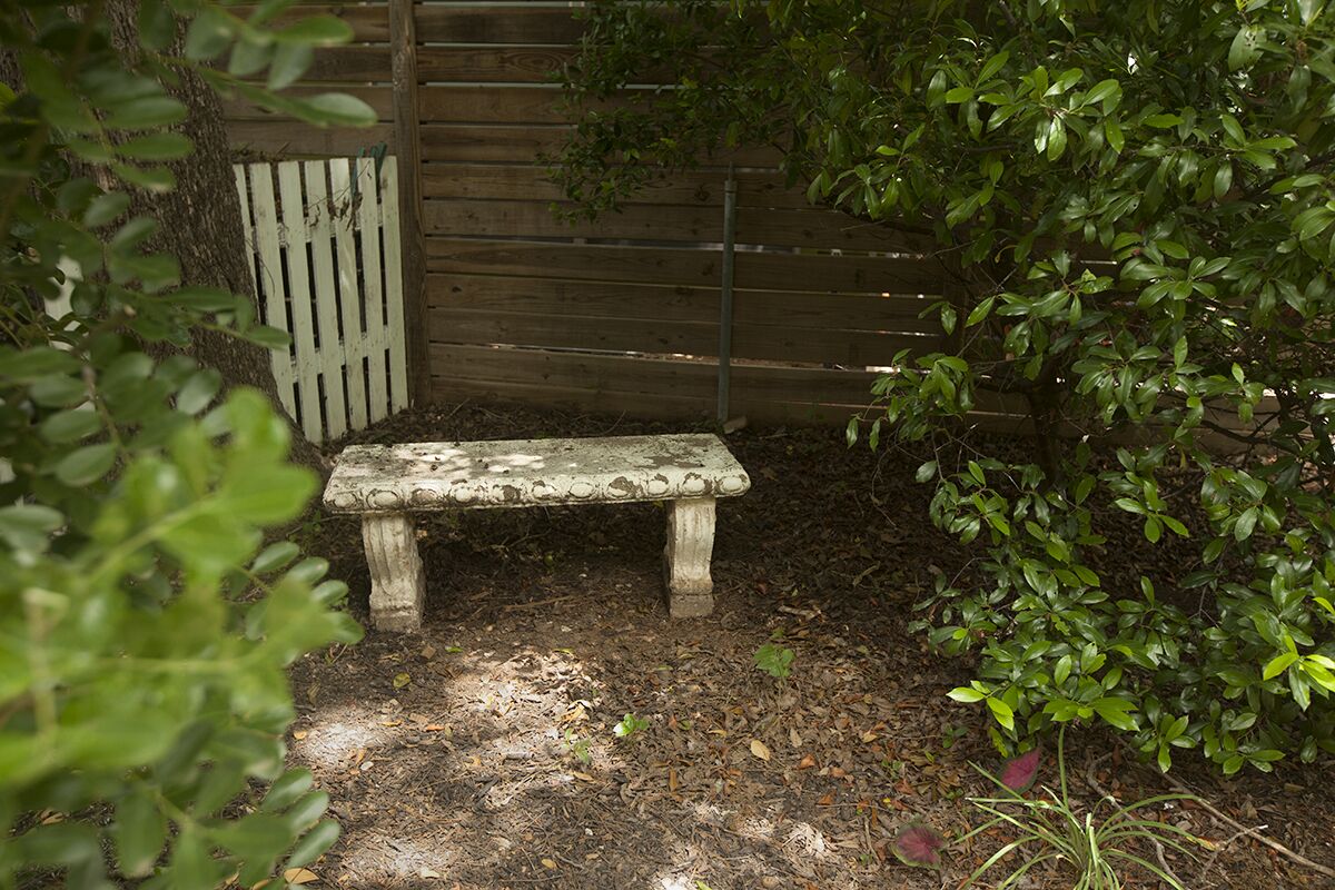 A stone bench in a garden with a wooden fence and lush greenery.