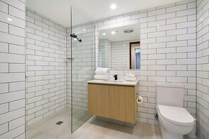 Shower, hair dryer, shampoo