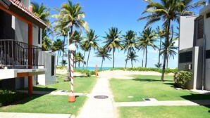 A pathway leading to a beach with palm trees and a building with a balcony. - Beach Front & 3 levels & Terrace & Balcony & 2 Pools Max 6people (Río Grande)