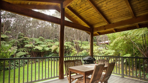 Una terraza techada al aire libre con una mesa y sillas de madera, rodeada por barandas de madera, con vistas a un jardín exuberante con helechos y árboles.