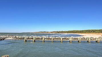 Plage à proximité, chaises longues, serviettes de plage