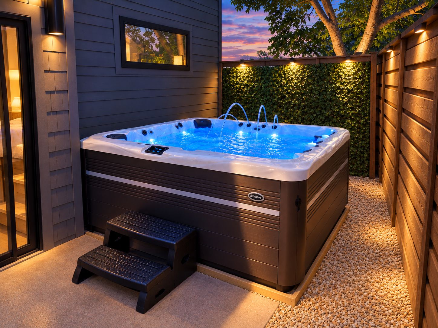 A hot tub with a step for access, surrounded by a wooden fence and a hedge, with a view of the sky in the background.