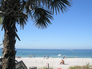 A beach with palm trees, a wooden walkway, and people on the sand.