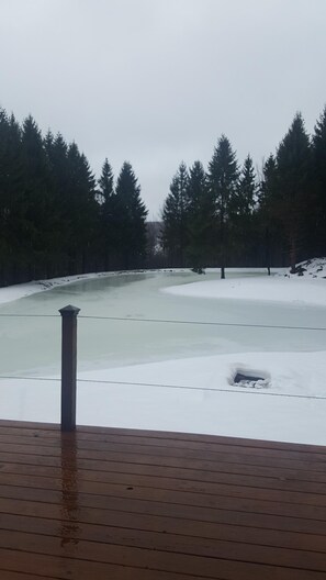 Guests can enjoy a serene winter wonderland view from the deck.