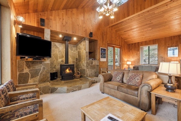 Large living area with gas stove.