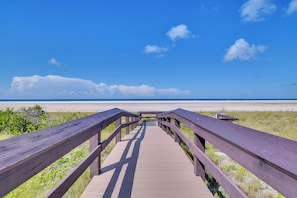 On the beach, sun-loungers, beach towels