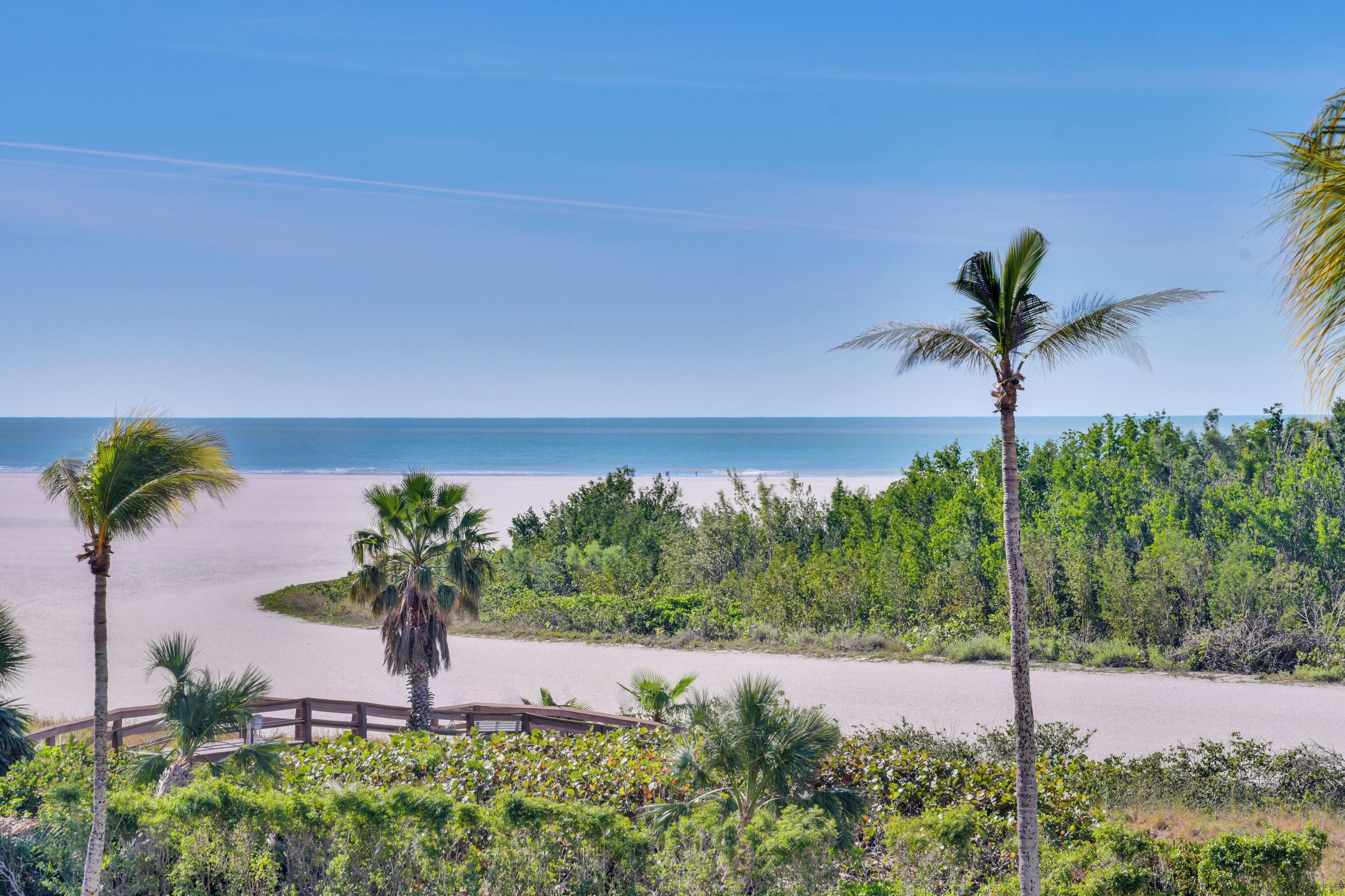 Vista de playa con palmeras, un puente de madera y cielo despejado.