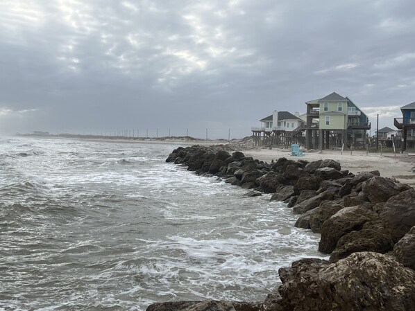 On the beach, sun loungers
