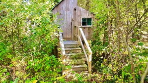 A rustic wooden cabin with a small window and a wooden staircase leading up to it, surrounded by dense foliage. - Walk to the Beach, Heated Salt Water Pool, Central AC (Dennis)