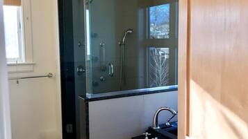 Combined shower/bathtub, hair dryer, towels, shampoo