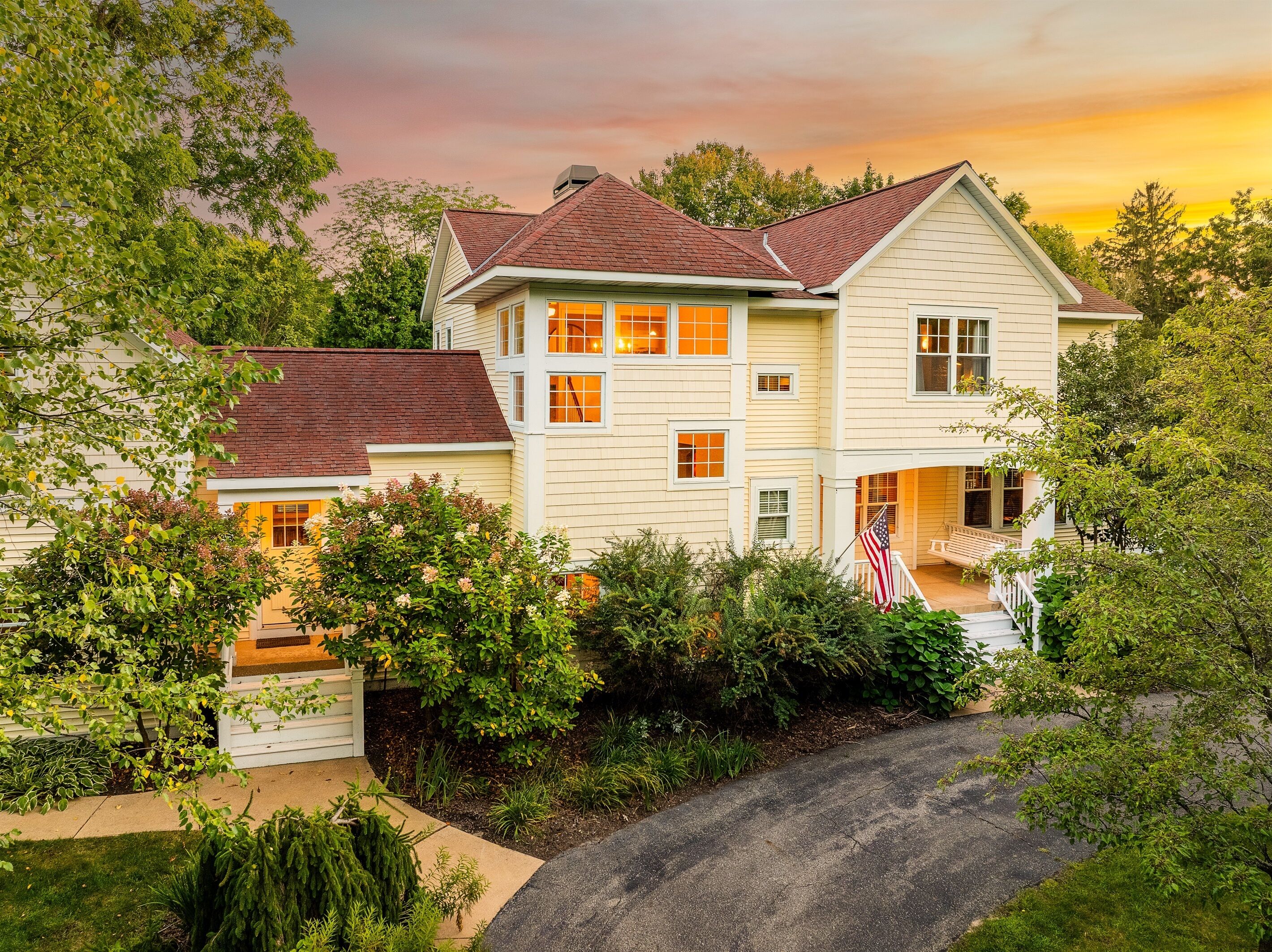 Aerial view of Saugatuck Modern Farmhouse - 4500sf of living space, private setting, 5-min walk to Downtown Saugatuck