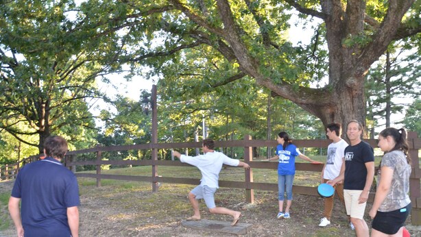 A group of people playing a game near a wooden fence and a large tree. - Secluded 40 Acres Near Table Rock, Stunning Views, Games, Community Pool & Car Charger (Blue Eye)