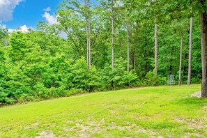 A grassy field with a disc golf basket and tall trees in the background. - Secluded 40 Acres Near Table Rock, Stunning Views, Games, Community Pool & Car Charger (Blue Eye)