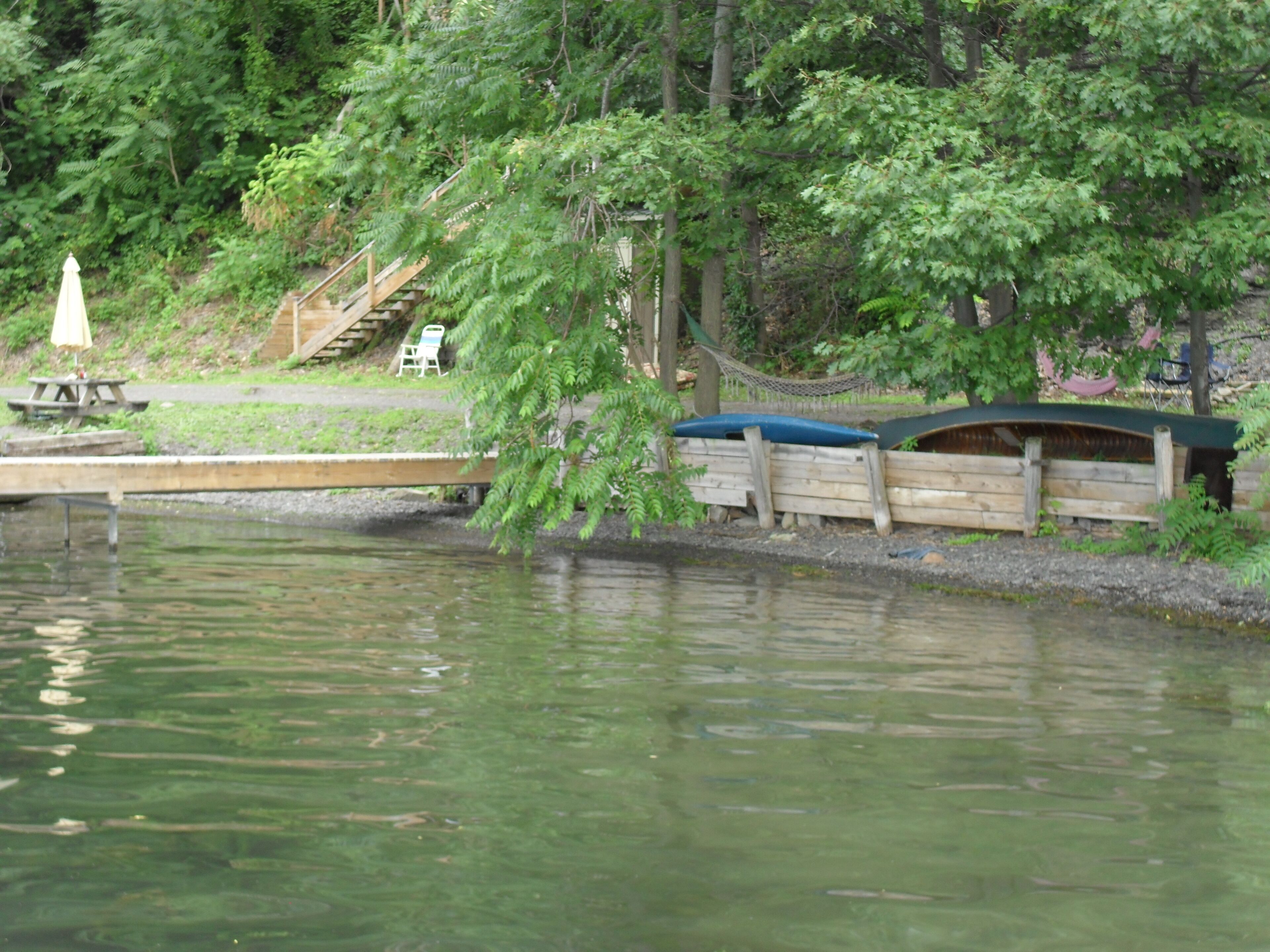 Un pont de fusta s'enduu cap a un llac tranquil, envoltat de vegetació exuberant i un petit pont de fusta.