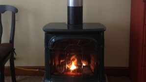 A wood-burning stove with a glass front, flanked by two wall-mounted lights, set against a beige wall with a wooden trim. - Cozy Cottage with 45' Lake Frontage and Kayaks (Lodi)