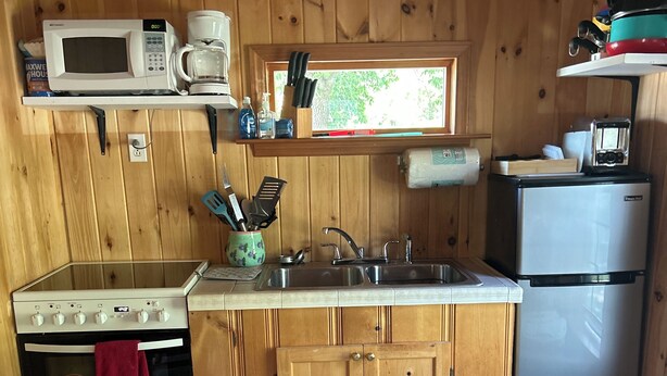 Una cocina compacta con armarios de madera, un lavamanos de acero inoxidable, microondas, tostadora y refrigerador.