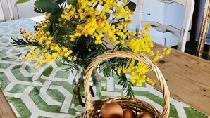 Een keuken met een groen-wit geruit tafelkleed, een rieten mand met eieren en een vaas met gele bloemen.
