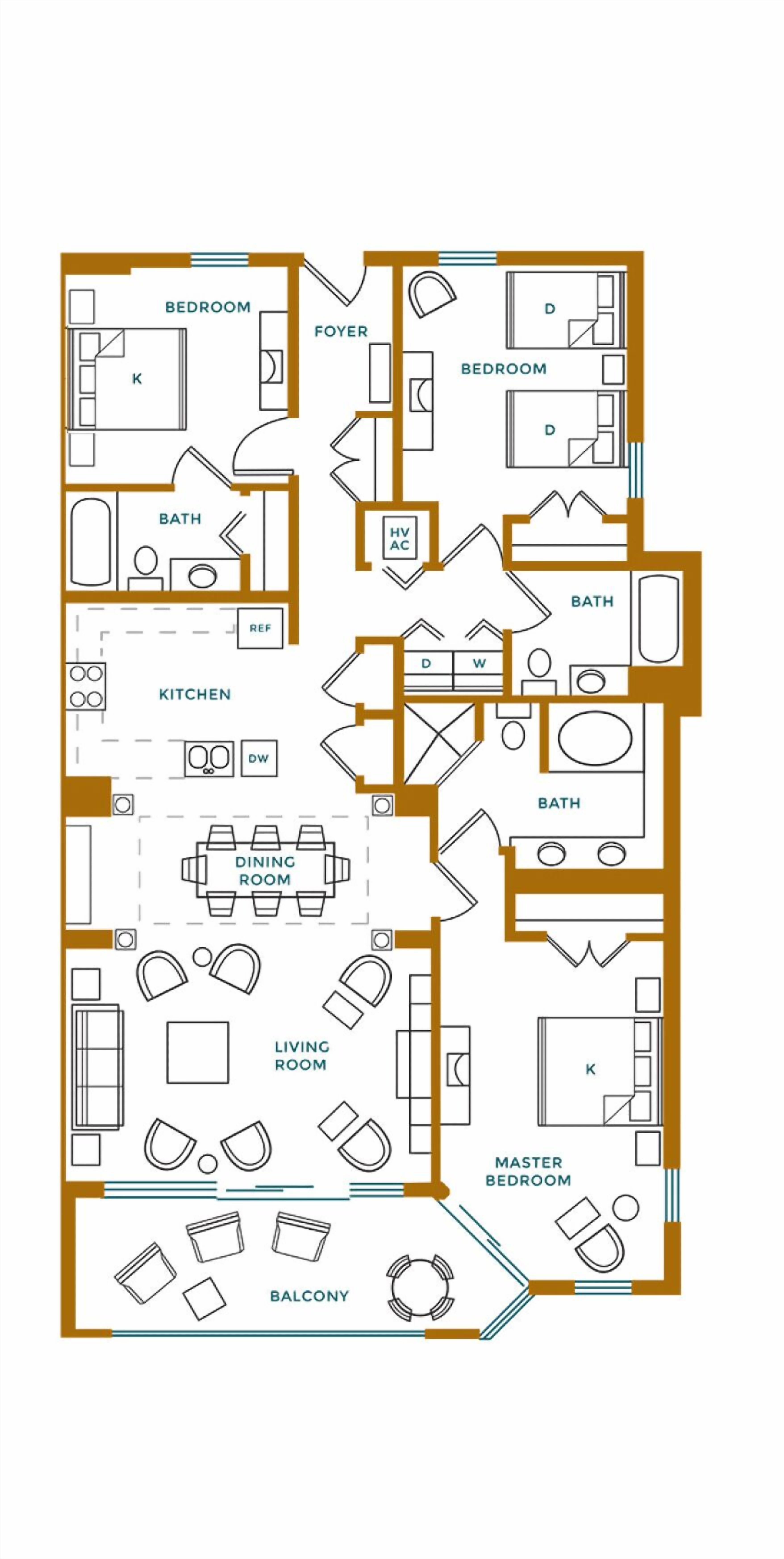 A floor plan of a hotel with a master bedroom, two standard bedrooms, a living room, dining room, kitchen, bathroom, foyer, and balcony.