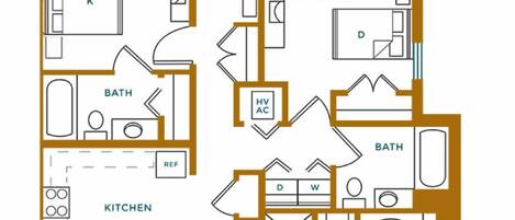 A floor plan of a hotel with a master bedroom, two standard bedrooms, a living room, dining room, kitchen, bathroom, foyer, and balcony.
