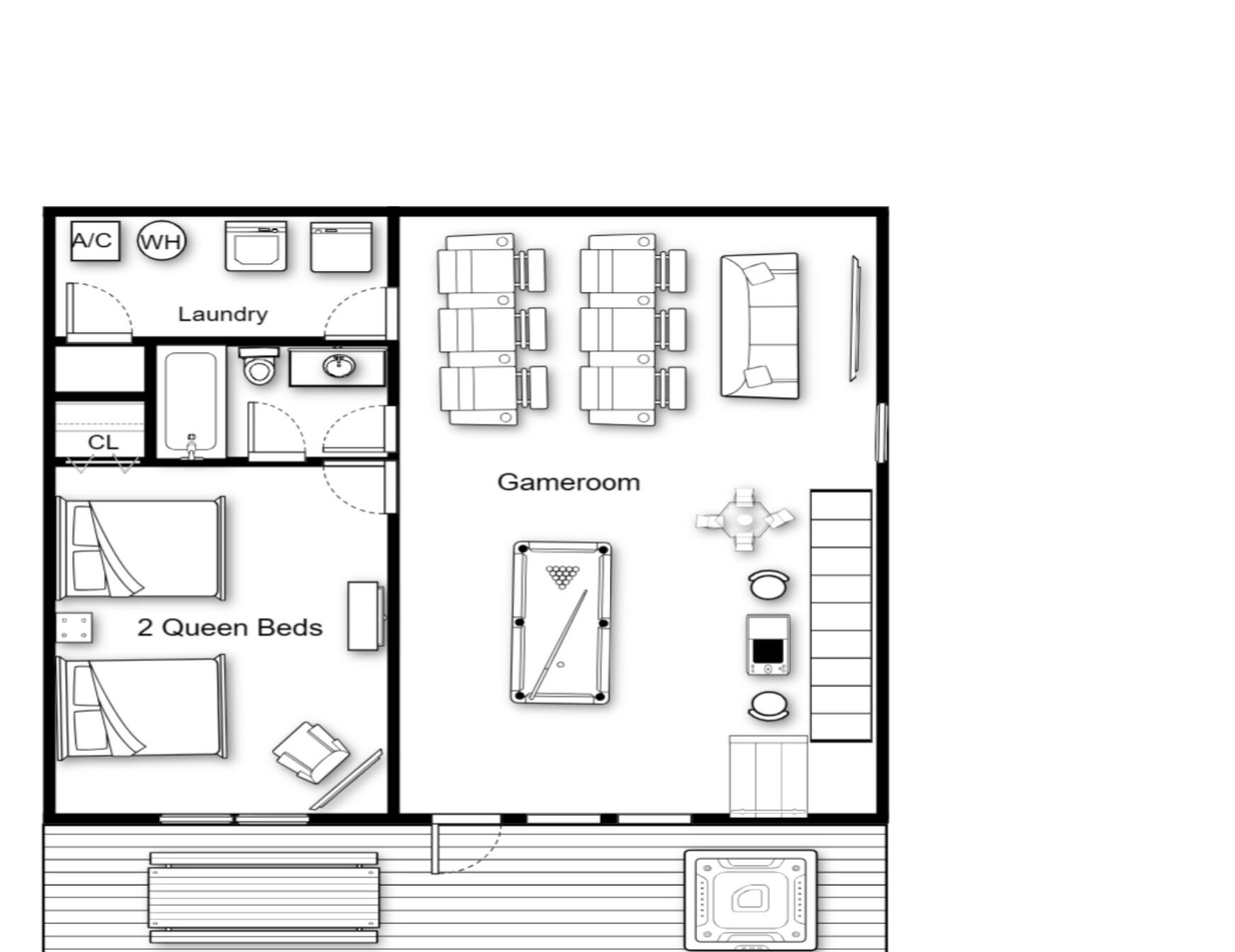 A hotel room layout with a laundry area, two queen beds, a minibar, a pool table, and a gaming area.