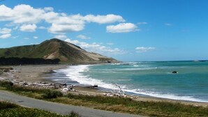 A coastal road with a beach and a mountain in the background. - Kiwi Bach by the Beach (Castle Point)