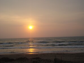 On the beach, sun loungers
