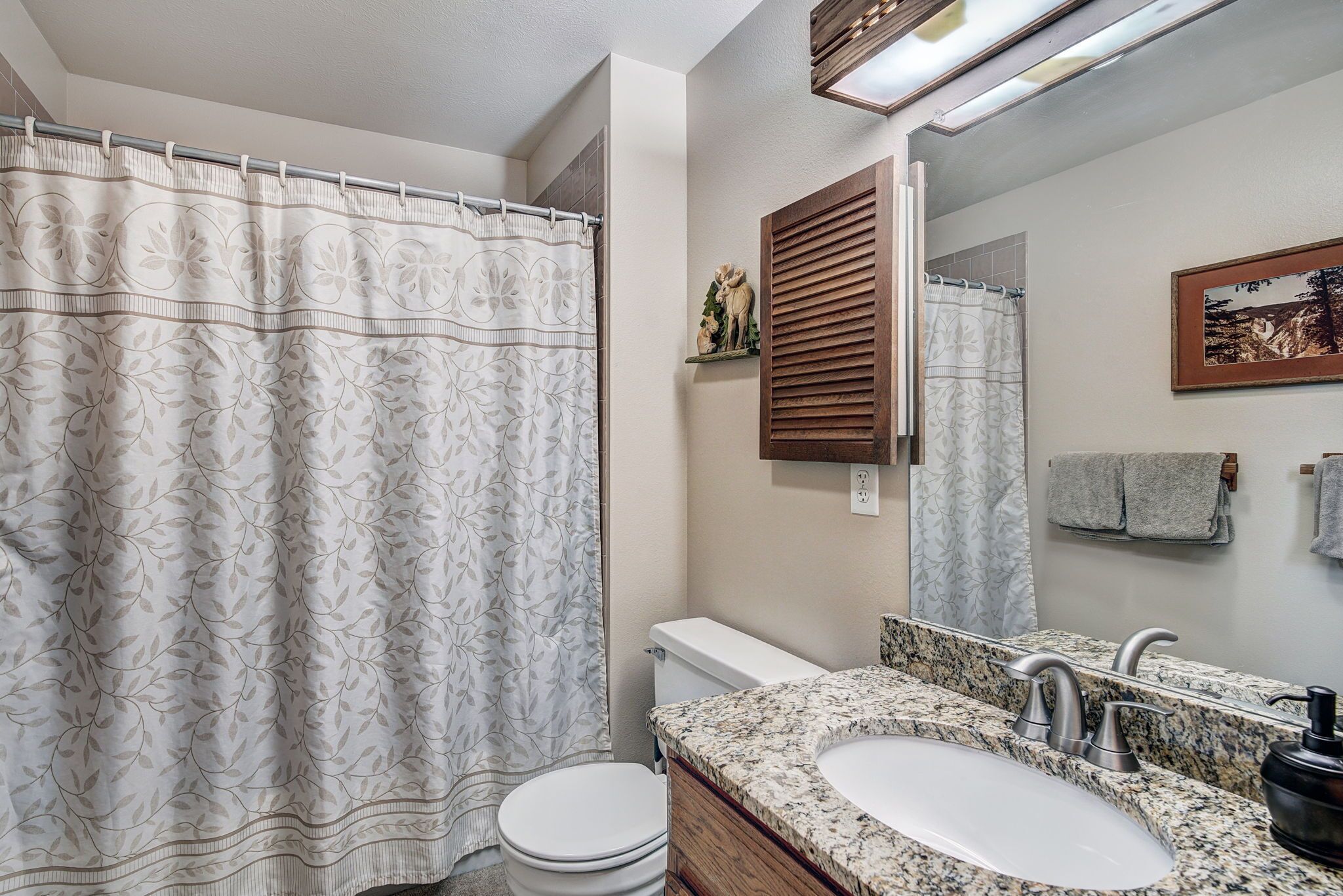 A bathroom with a shower curtain, toilet, vanity with a sink, and a mirror.
