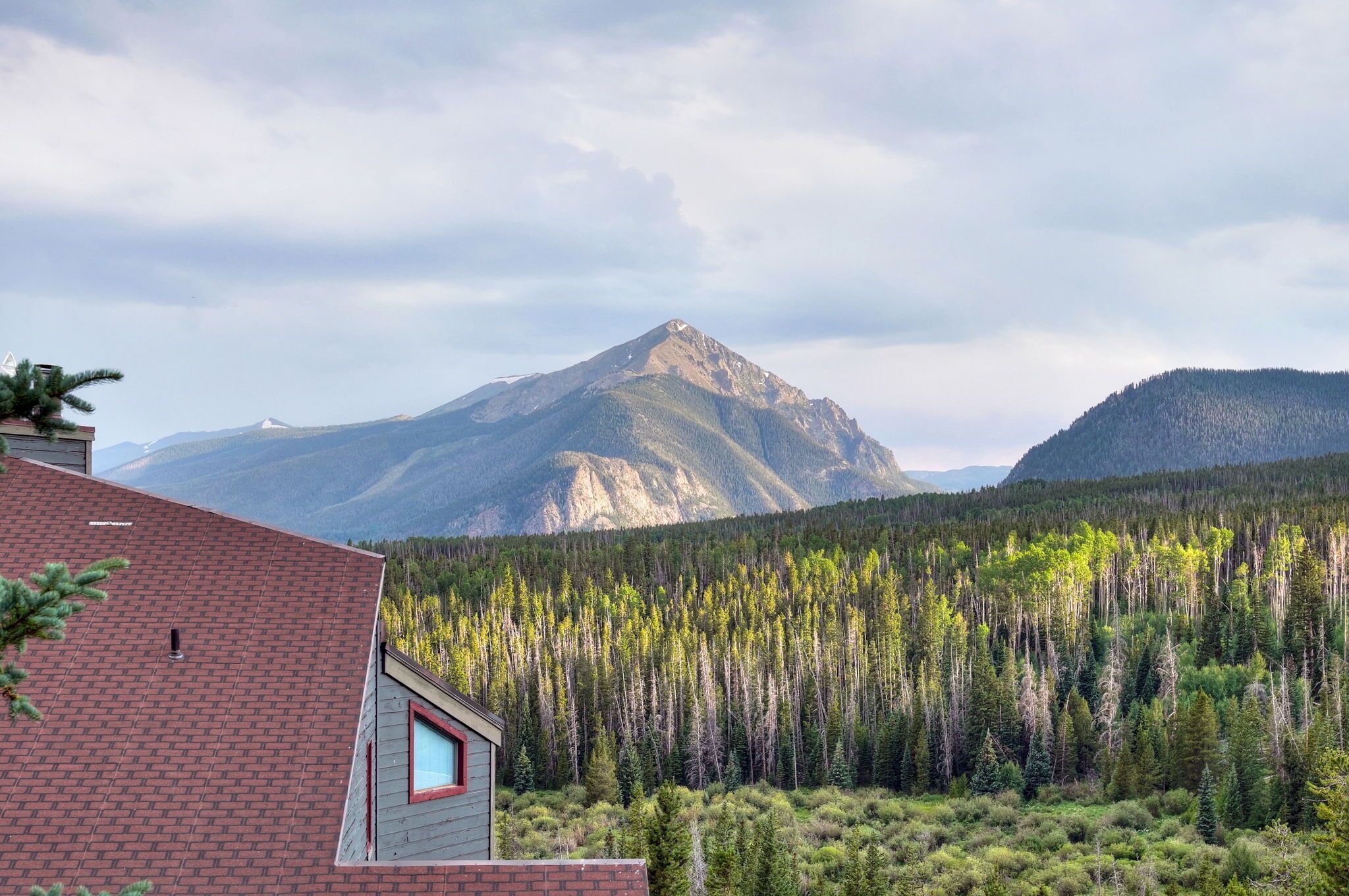 A mountain with a forested area in the foreground and a building with a red roof.