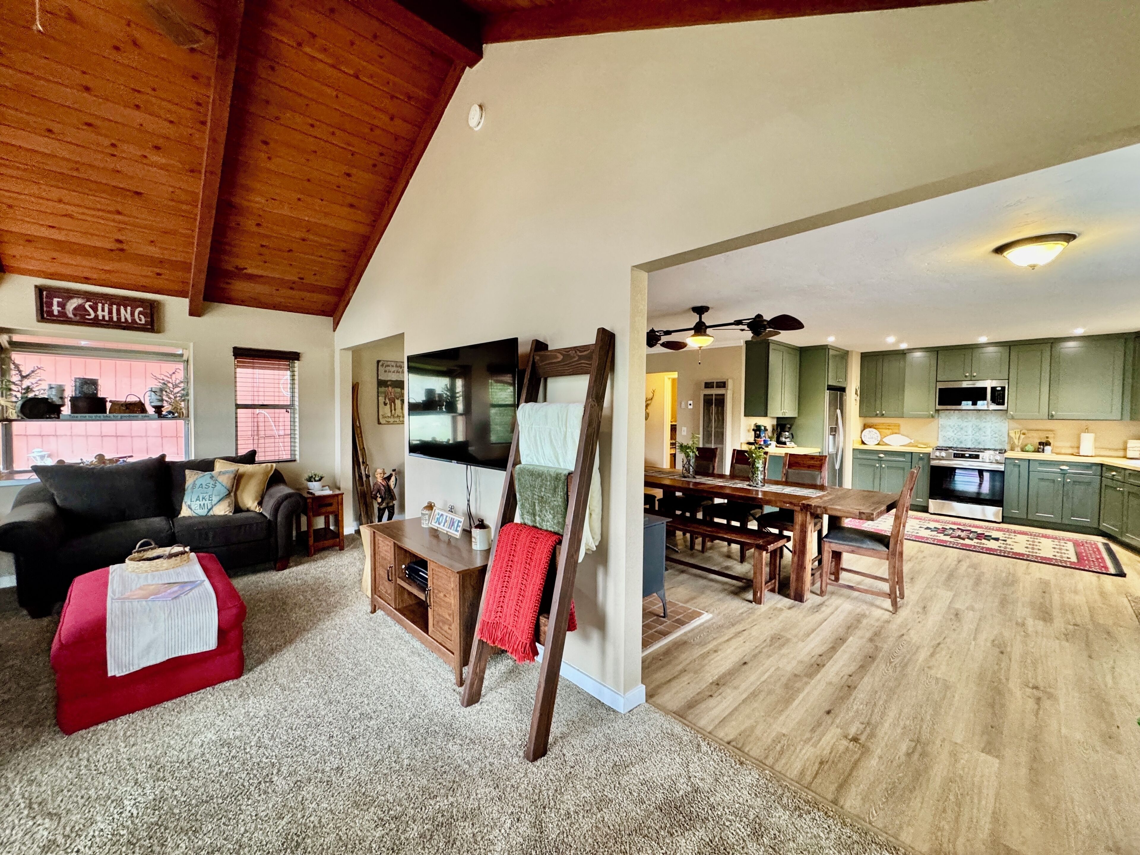Smart TV, fireplace, DVD player, books
