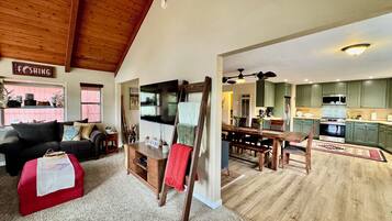 Smart TV, fireplace, DVD player, books