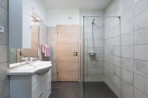 Combined shower/tub, hair dryer, bidet, towels