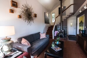 Smart TV, fireplace, DVD player, books