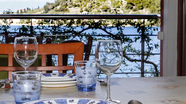 A table with a glass of water, a glass with a blue pattern, and a wine glass, set against a scenic view of a body of water and greenery. - Family-friendly apartment in old fishermen village close to Zadar (Kali)