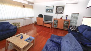 A living room with two blue sofas, a coffee table, a TV, and a cabinet with glass doors. - Family-friendly apartment in old fishermen village close to Zadar (Kali)