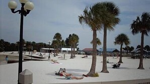 A beach with palm trees, a lamp post, and a person lying on the sand. -  3 Bed ~ 2 Bath~  Pool ~ Wifi ~ Pets Welcome ~Optional Heated Pool ~SS Barbecue  (Spring Hill)